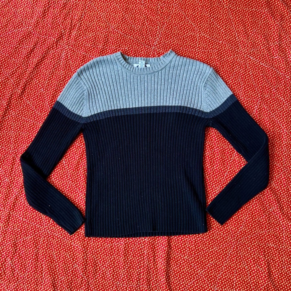 Vintage 2001 Old Navy Ribbed Cotton Sweater Gray Black Colorblock Size Medium